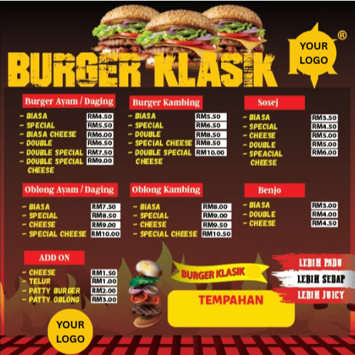 STIKER STALL MENU BURGER / DESIGN BURGER KLASIK / HANTA NAMA BURGER KAMI EDIT
