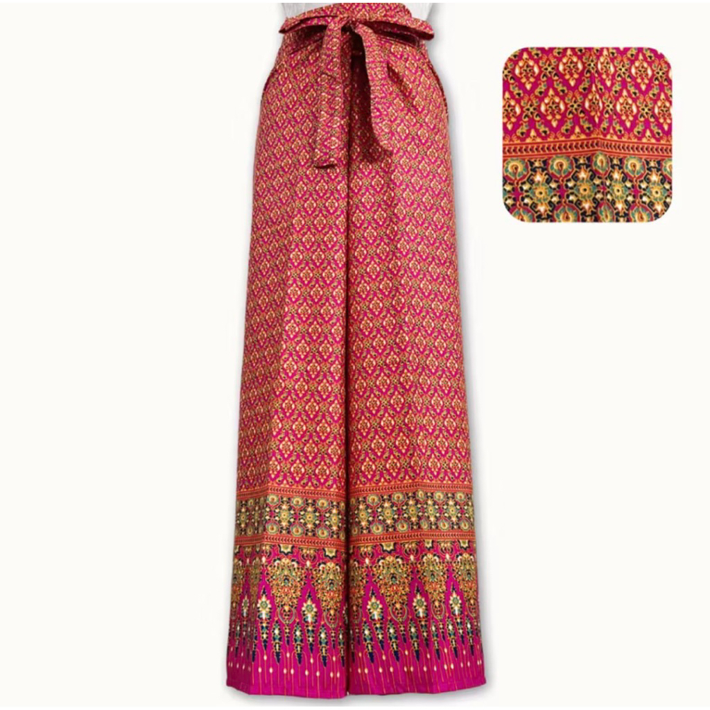 Thai Pattern Tie-Up Pants Sarong Long Massage Shop Spa Women Bell-Bottom With Batik