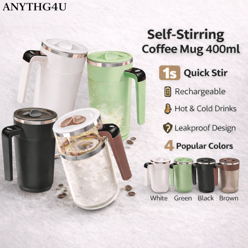ANYTHG4U Self-Stirring Coffee Mug 400ml – 316 Stainless Steel, USB ชาร์จได้, Chan Kopi Viral