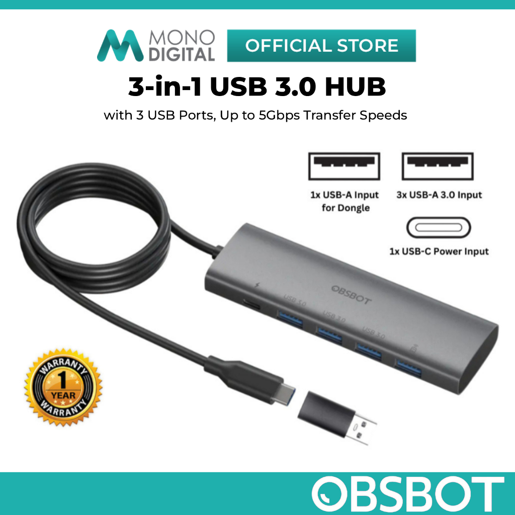 OBSBOT 3-IN-1 USB 3.0 HUB พร้อมพอร์ต USB 3.0 3x + พอร์ต USB-A 1x สําหรับ DONGLE + 1 USB-C สําหรับการ