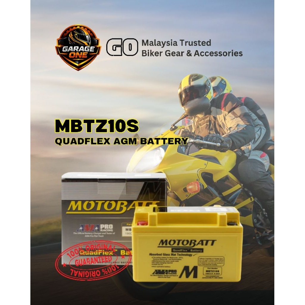 Motobatt MBTZ10S QuadFlex มอเตอร์แบตเตอรี่ 12V 8.6Ah 165CCA AGM Maintenance ฟรี|เปลี่ยน YTX7A-BS YTZ