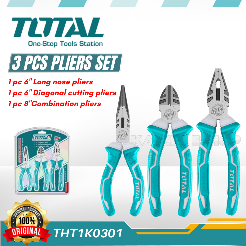 TOTAL THT1K0301 / THT2K0301 ชุดคีม 3 ชิ้น ( คีมรวม , คีมจมูกยาว , คีมตัดแนวทแยง )