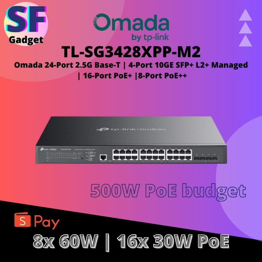 SG3428XPP-M2 Omada 24-Port 2.5GBASE-T และ 4-Port 10GE SFP+ L2+ สวิตช์จัดการพร้อม 16-Port PoE+ & 8-Po
