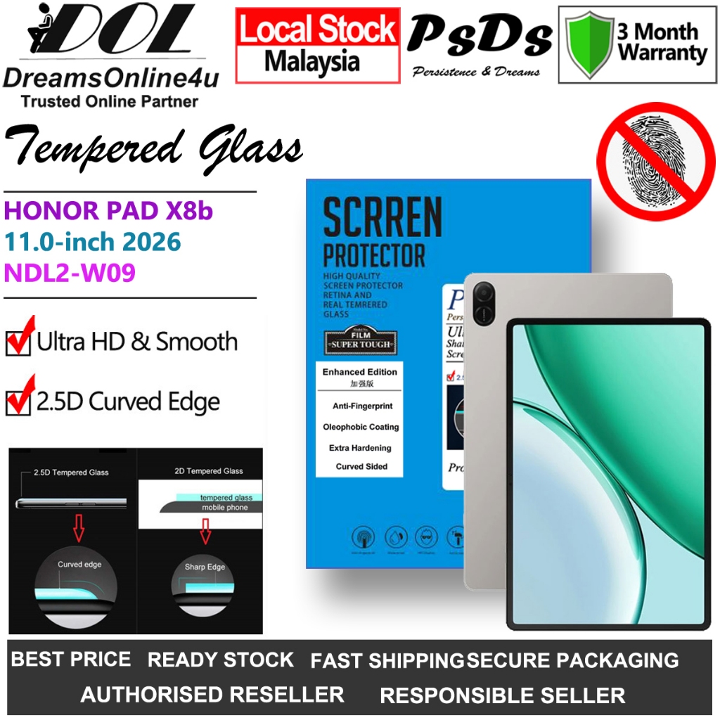 PsDs Honor Pad X8b 11.0 นิ้ว 2026 NDL2-W09 2.5D Curve 9H ป้องกันลายนิ้วมือกระจกนิรภัยป้องกันหน้าจอ