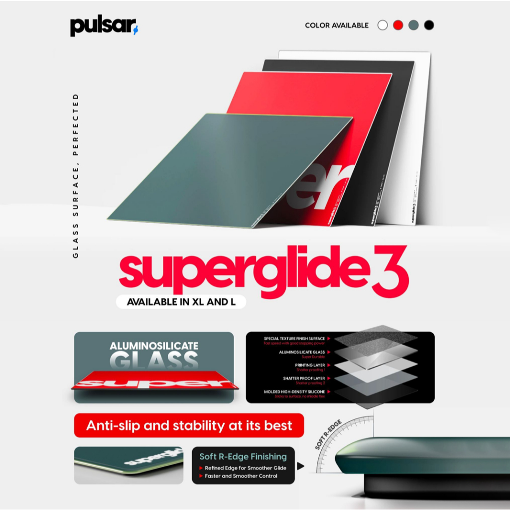 Pulsar Superglide 3 แผ่นรองเมาส์แก้ว Speed Type 4 สี Variants L/XL