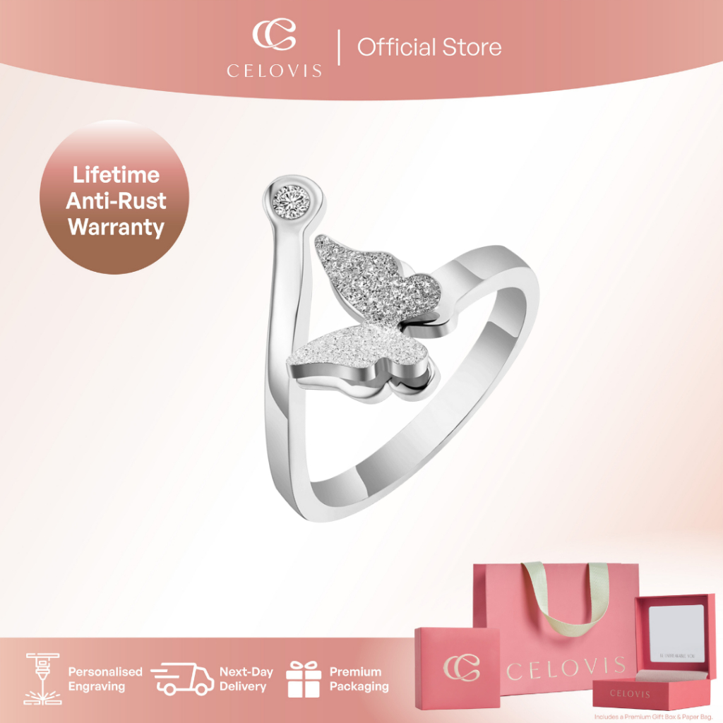 [ RM88 เท่านั้น + RM5 VOUCHER ] CELOVIS Queen Alexandra Frosted Butterfly Cubic Zirconia แหวนปรับได้