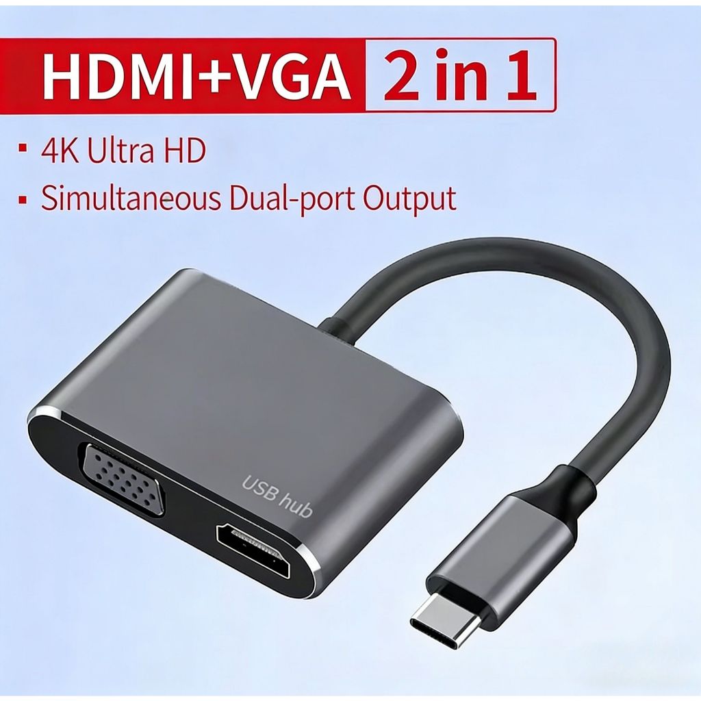 2in1 USB C HDMI HUB Type-C ถึง HDMI 4K VGA 1080P อะแดปเตอร์วิดีโอ USB C HUB Converter สําหรับแล็ปท็อ