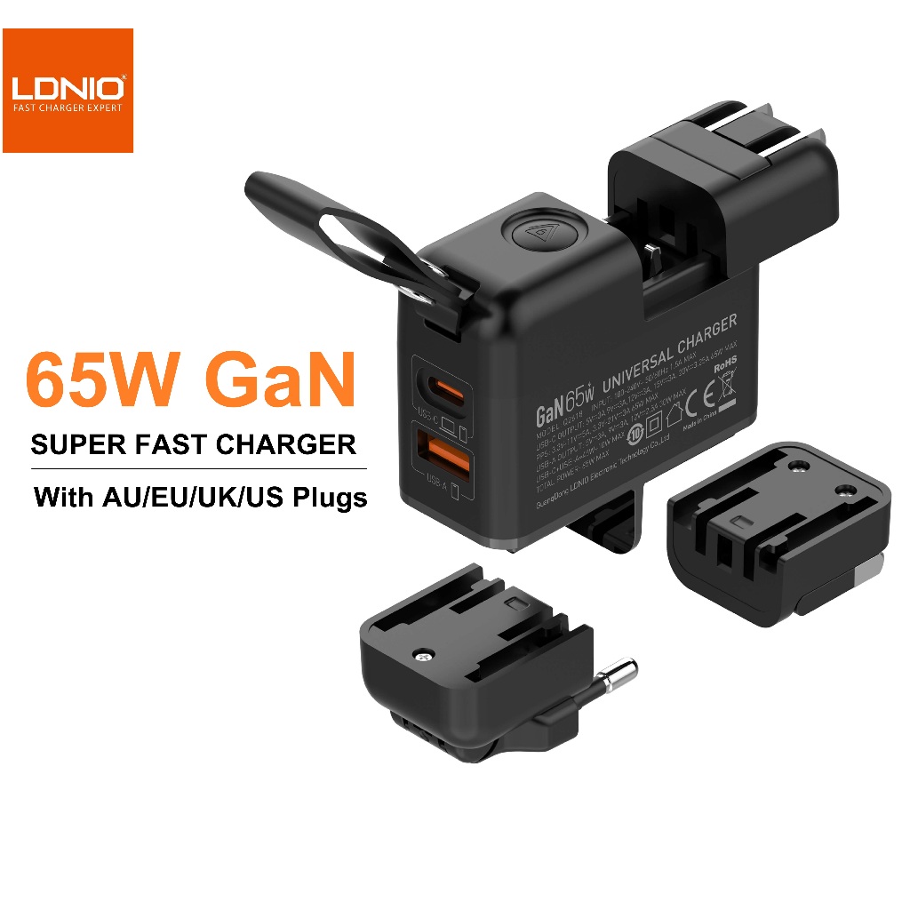 Ldnio Universal Travel Adaptor Charger GaN 65W Fast Charging พร้อม AU/EU/UK/US Adapter Travel Conver