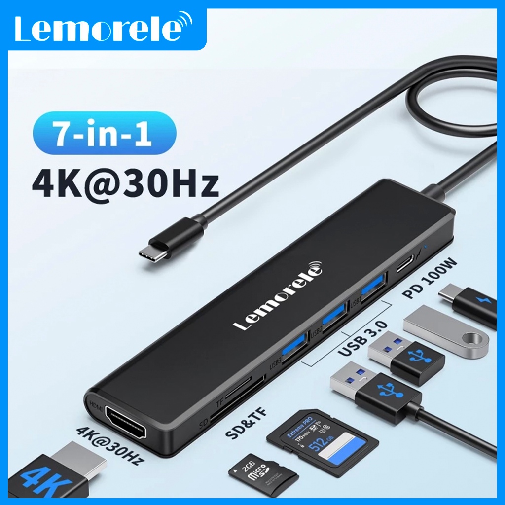 Lemorele TC90 7 in 1 USB C Hub Multiport Adapter 4K HDMI RJ45 100W PD 3 USB 3.0 SD TF สําหรับแล็ปท็อ