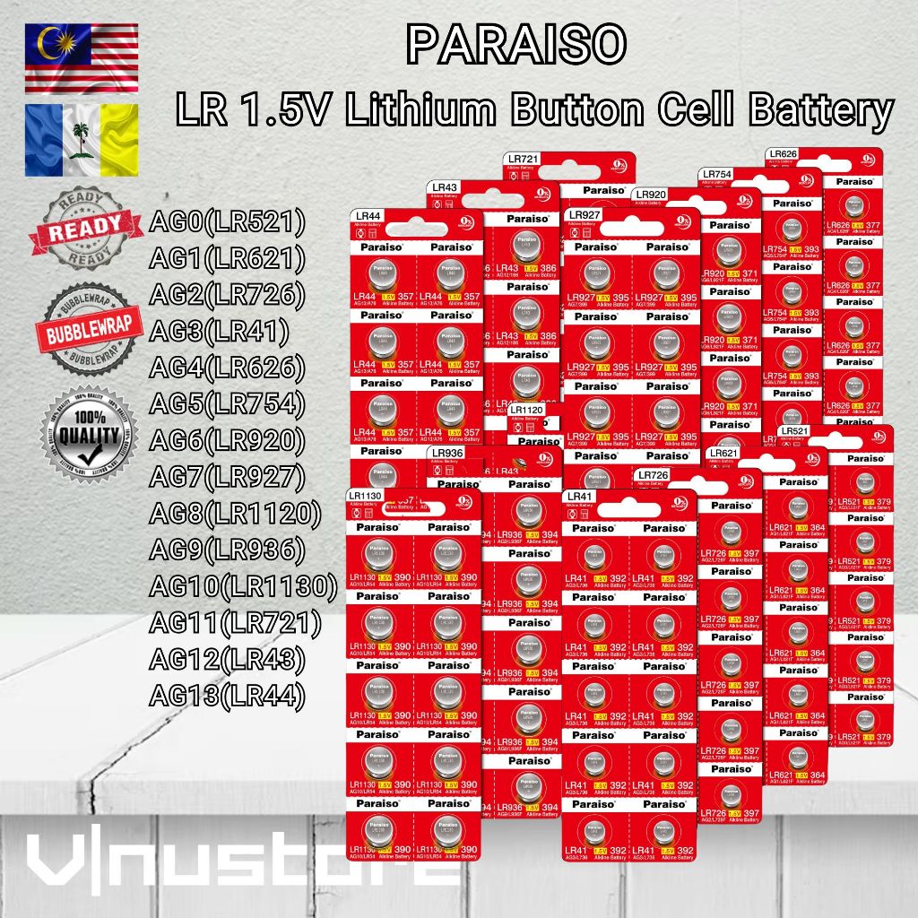 PARAISO 1.5V แบตเตอรี่เซลล์ปุ่มอัลคาไลน์ AG13 LR44 AG10 LR1130 AG3 LR41 AG4 LR626 AG0 AG1 AG2 AG5 AG
