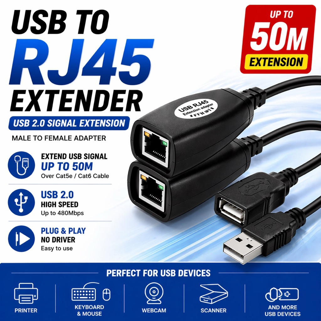 USB EXTENDER สายเคเบิลขยาย Rj45 50m USB 2.0 ชายหญิง CAT6 CAT5E RJ45 LAN Ethernet เครือข่าย Repeater 