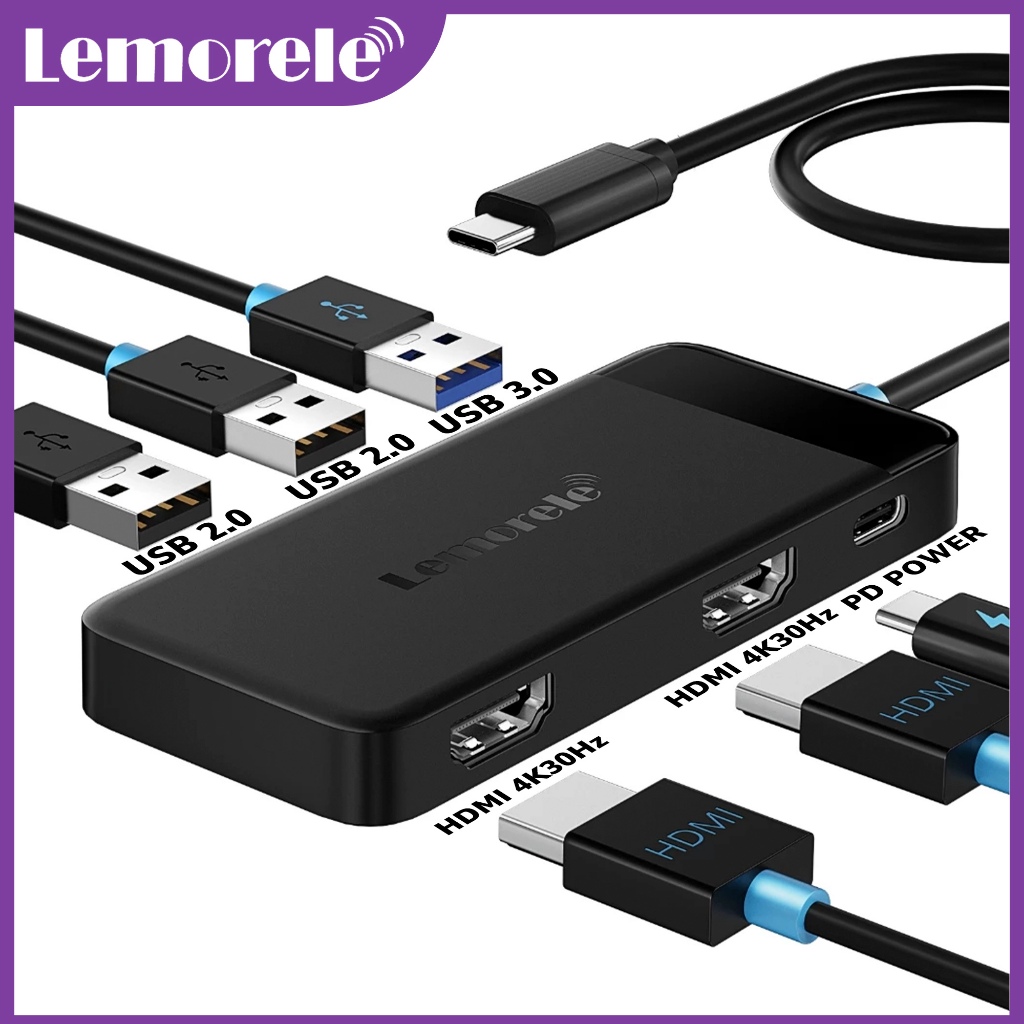 Lemorele TC122 6 in 1 USB C Docking Station Hub Dual HDMI 4K 30Hz Plug and Play