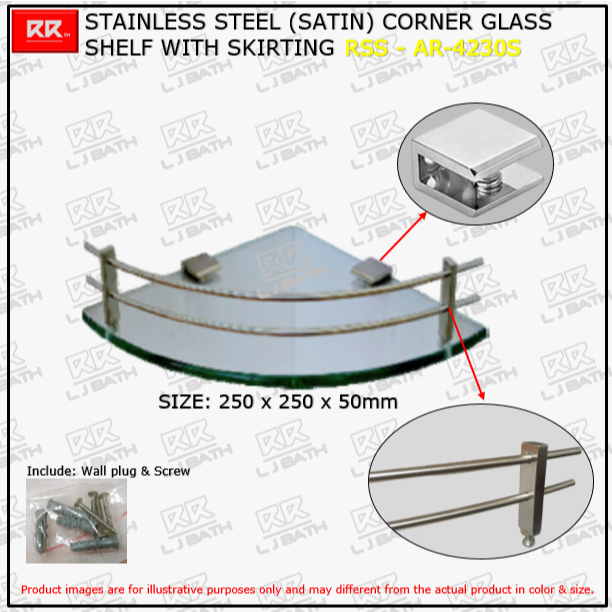 RSS - AR-4230S STAINLESS STEEL (SATIN) CORNER GLASS SHELF พร้อมการป้องกัน