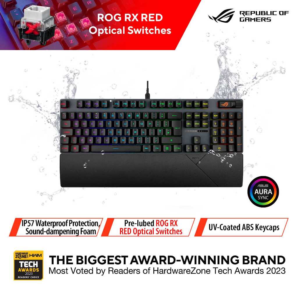 ASUS ROG XA12 Strix Scope II RX Gaming Keyboard, IP57, โฟมขยาย, สวิตช์ออปติคอล ROG RX แบบยกเตียงล่วง
