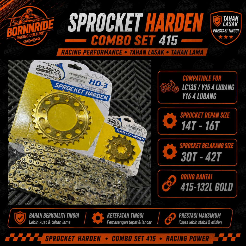 BORNNRIDE ESPADA SPROCKET COMBO SET 415 LC135 Y15 Y16 4 LUBANG ( DEPAN GOLD+BELAKANG HD-3 GOLD+ORING
