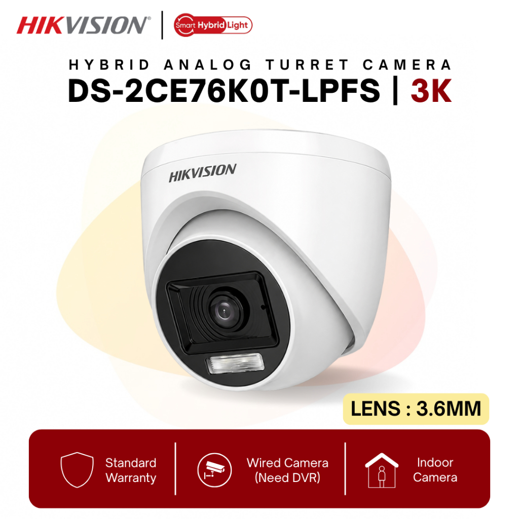HIKVISION กล้องวงจรปิด Smart Hybrid Light Audio 3K กล้องโดมในร่ม DS-2CE76K0T-LPFS (3.6MM/2.8MM)
