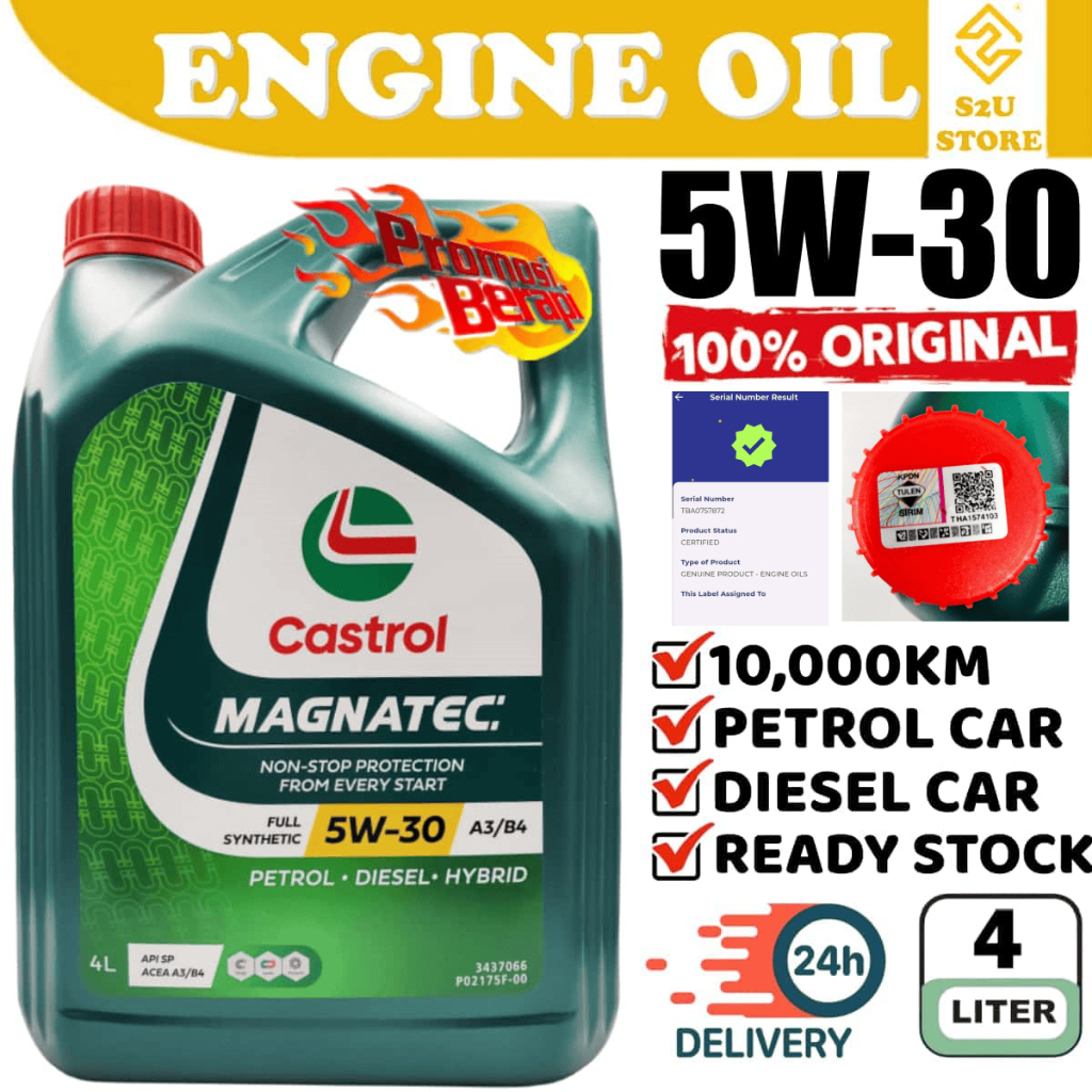 S2U น้ํามันเครื่อง Castrol Magnatetec DUALOCK 5W30 4L สังเคราะห์ทันที Miyak Hitam Enjin Kereta