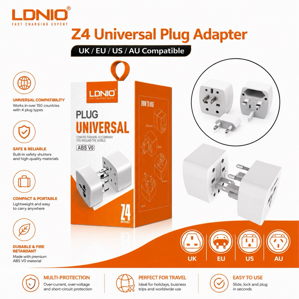 อะแดปเตอร์ปลั๊กสากล LDNIO Z4 พร้อมพิน UK/EU/US/AU