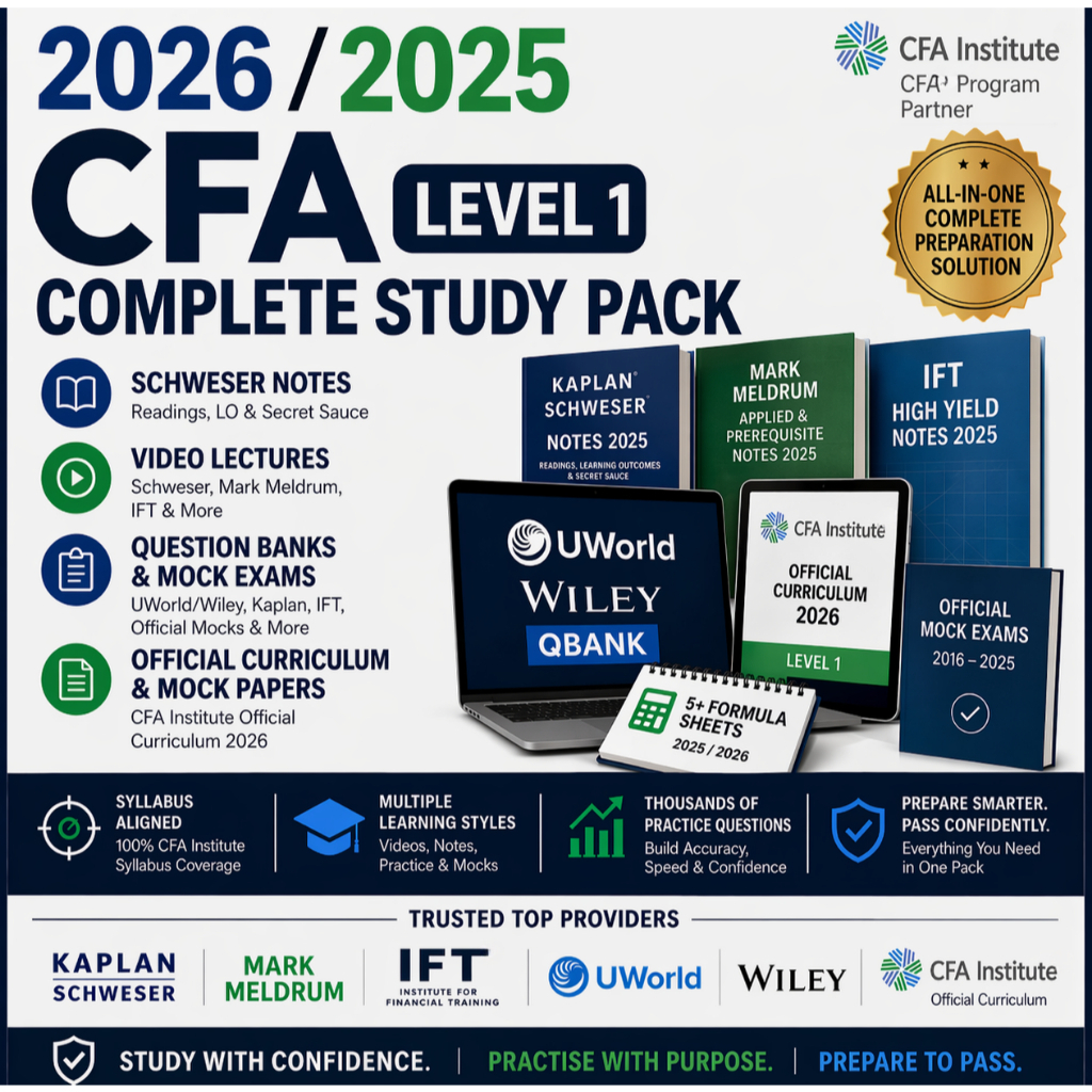 CFA แพ็คศึกษาครบวงจรระดับ 1 2026 | โน้ต Schweser, IFT, Mark Melrum, UWorld & Wiley QBanks Mock