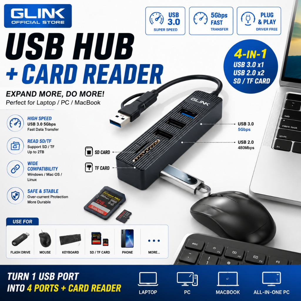 GLINK USB Hub Card Reader USB 3.0 SD TF Reader สําหรับแล็ปท็อปพีซี
