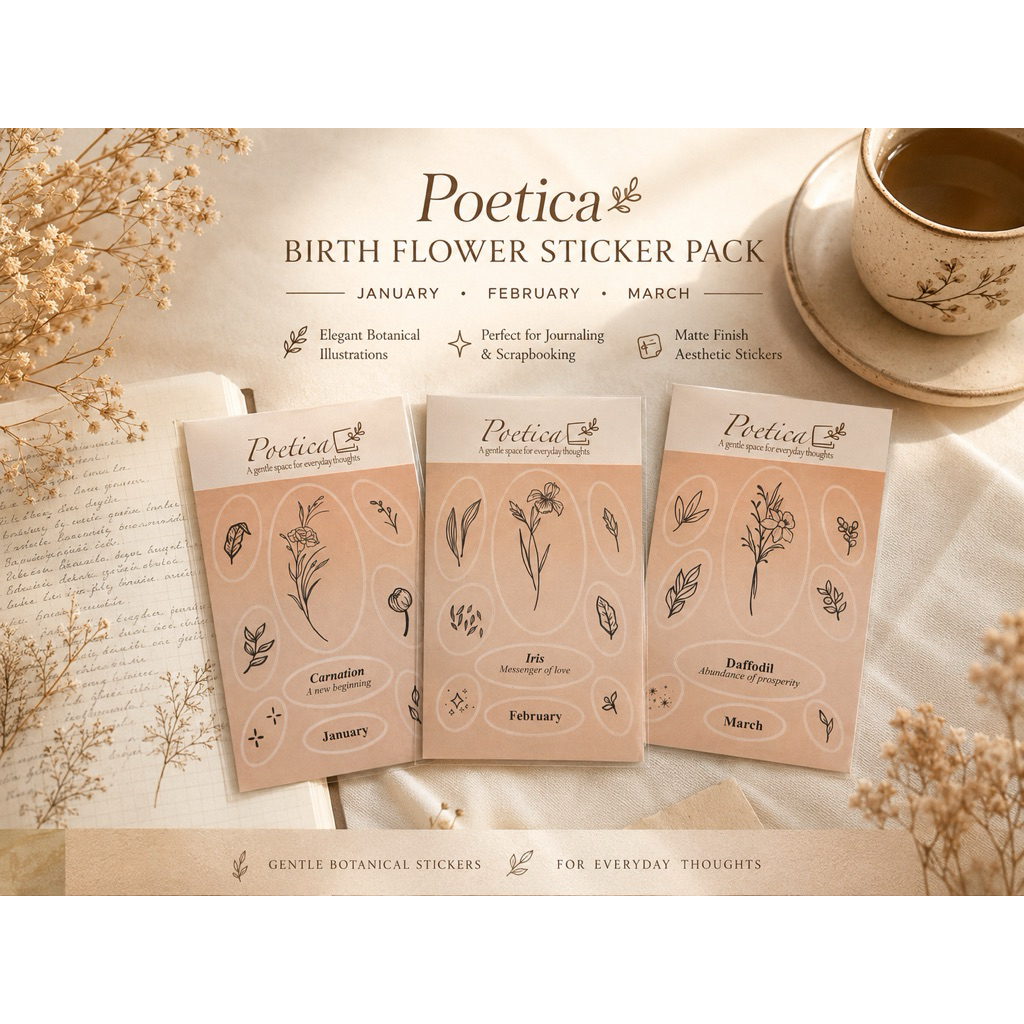 Poeptica Birth Flower Stickers Set Minimal Aesthetic Journal Stickers