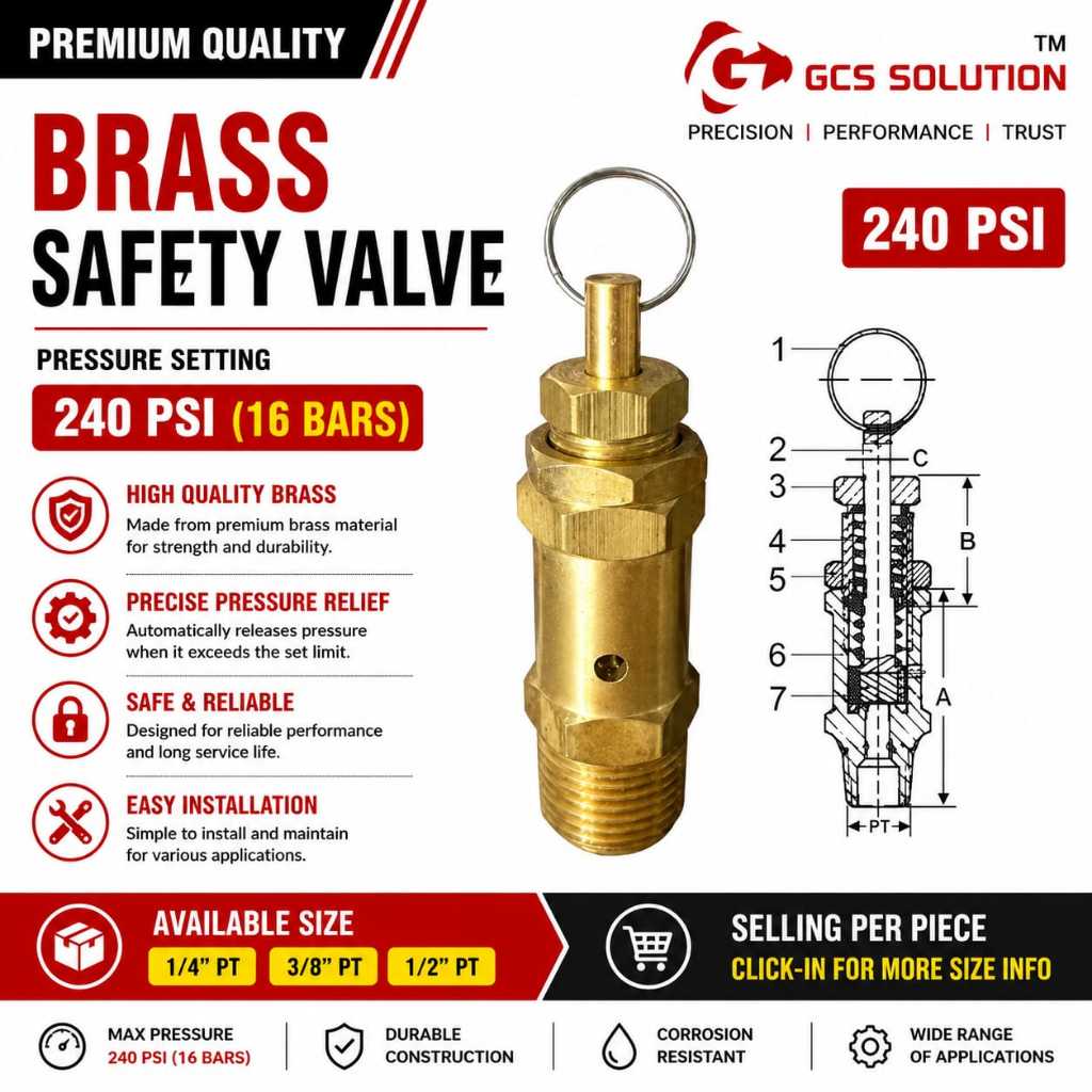 [VALVE] 16BARS, 240PSI BRASS SAFETY VALVE พร้อม ADJUSTABLE 3BAR TO 16BARS , ต่อชิ้น!