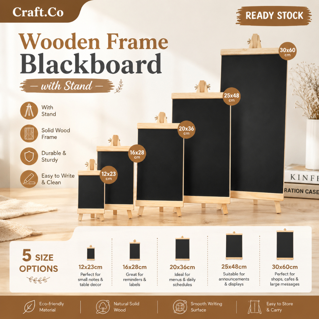 กระดานดําพร้อมขาตั้ง 5 ขนาดไม้กรอบกระดานดําขาตั้ง Papan Hitam Kaki Kayu Display Sign Menu Board.