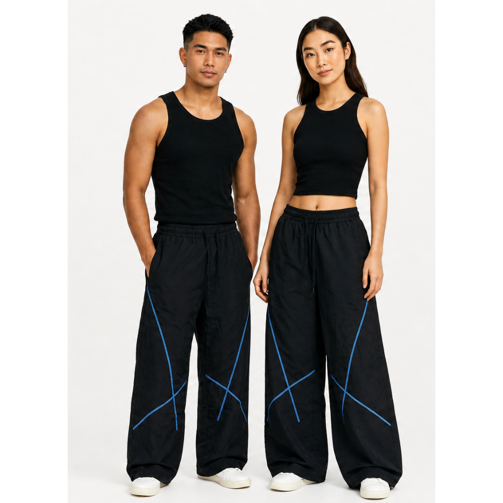 Ceecile Urban Contrast Curve Line Wide Track Pants