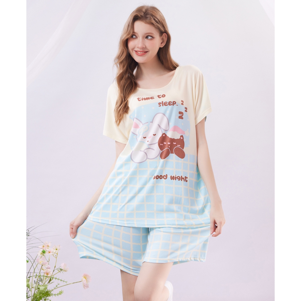Young Hearts Young Curves Times To Sleep แขนสั้นไมโครไฟเบอร์ Top & Bottom Sleep Set C01-S01493
