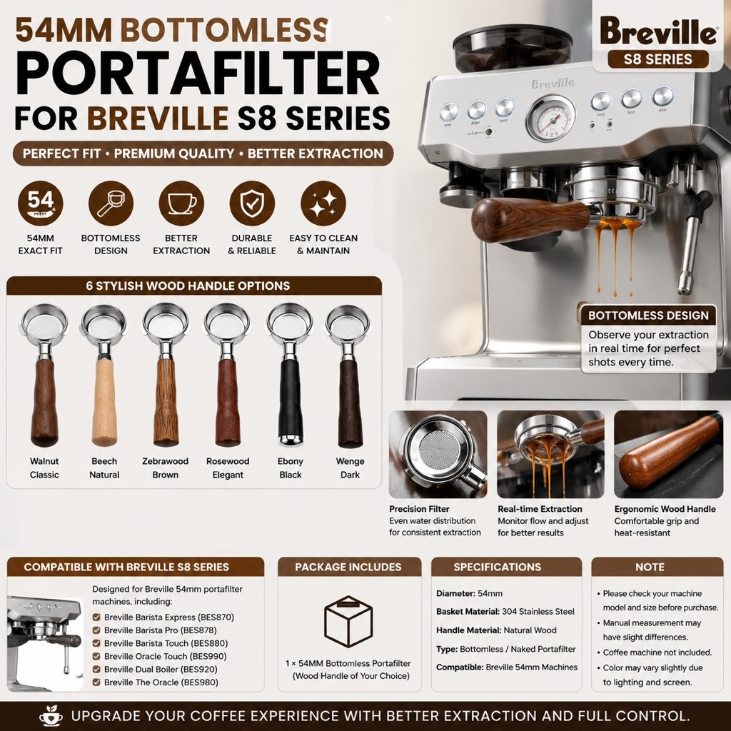 Breville 54MM Bottomless Portafilter สําหรับ Breville S8 Series Naked Portafilter ไม้ Handle