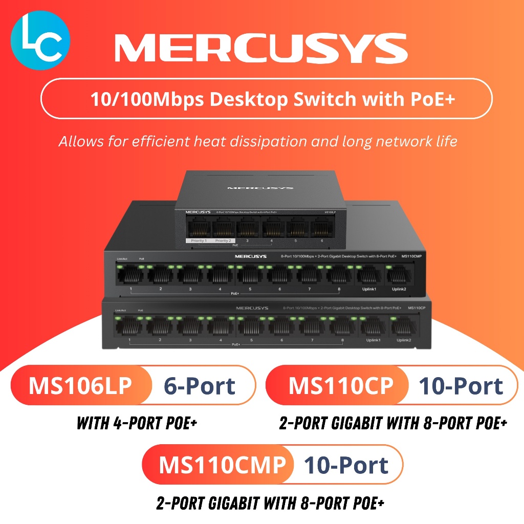 Mercusys MS106LP 6-Port / MS110CP / MS110CMP 10-Port Gigabit Desktop Switch พร้อม PoE+ (ขับเคลื่อนโด
