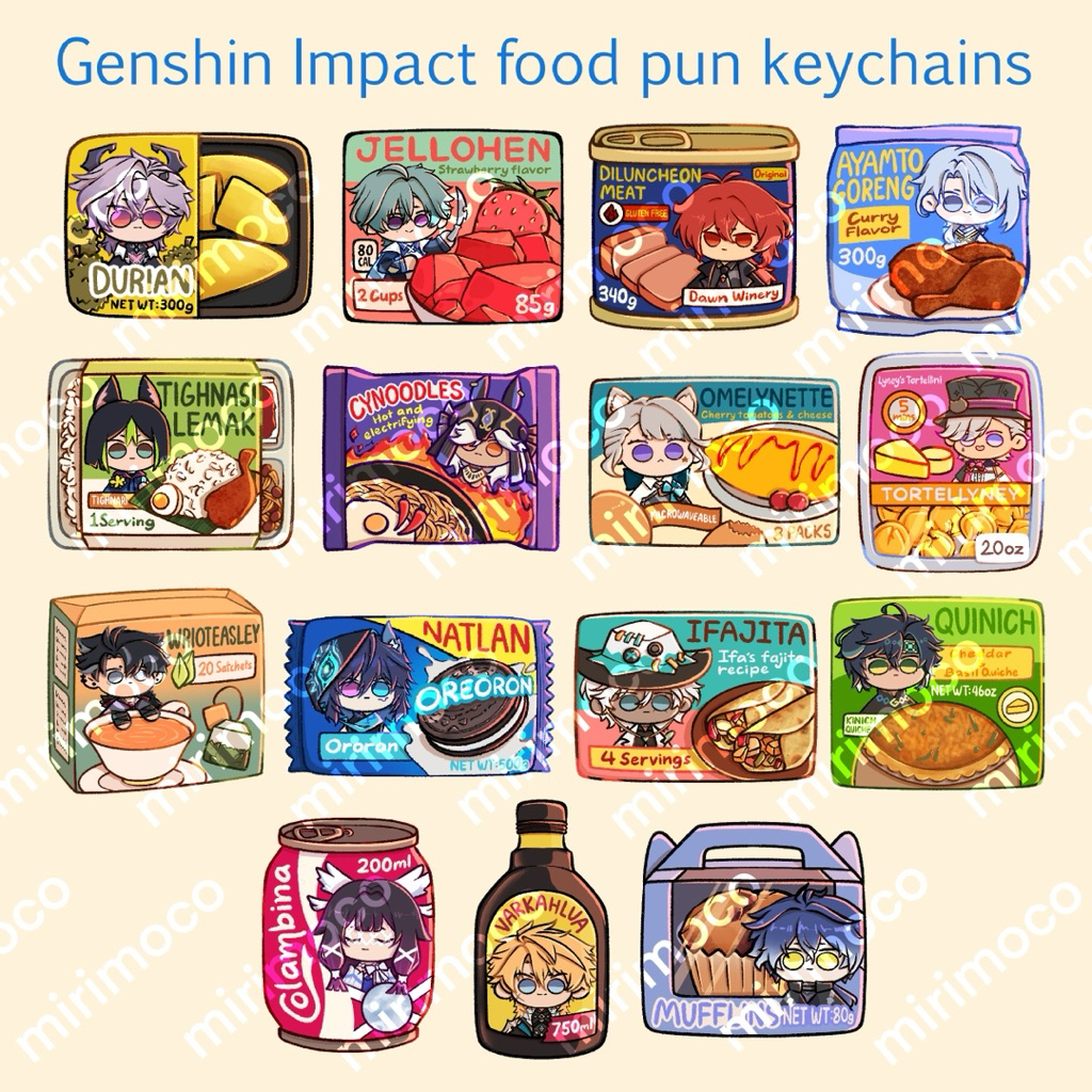 Genshin Impact อาหาร puns พวงกุญแจ chibi Durin Lohen Diluc Tighnari Ayato Cyno Lyney Kinich Columbin
