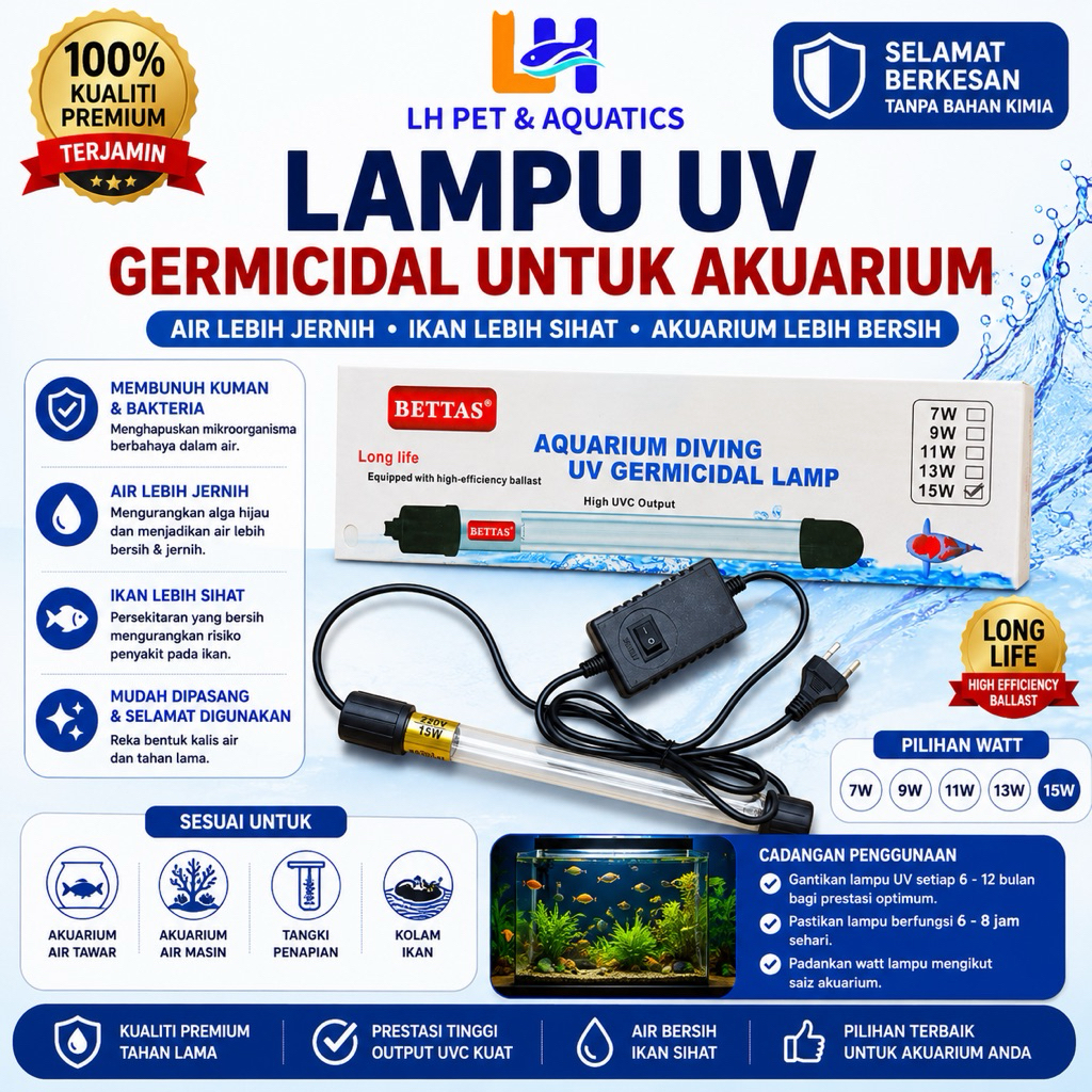 BETTAS Aquarium UV ฆ่าเชื้อโรคโคมไฟ 15W UVC ฆ่าเชื้อ Submersible Fish Tank Water Clarifier