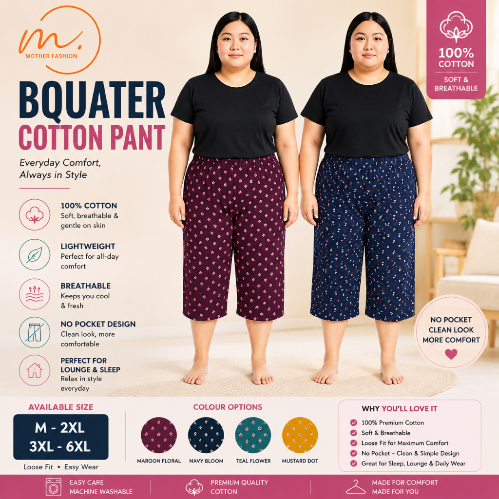 3QUATER SLEEPING PANT PRINTED/PLAIN/STRIP ผ้าฝ้าย 100% (SIZE M-6XL)