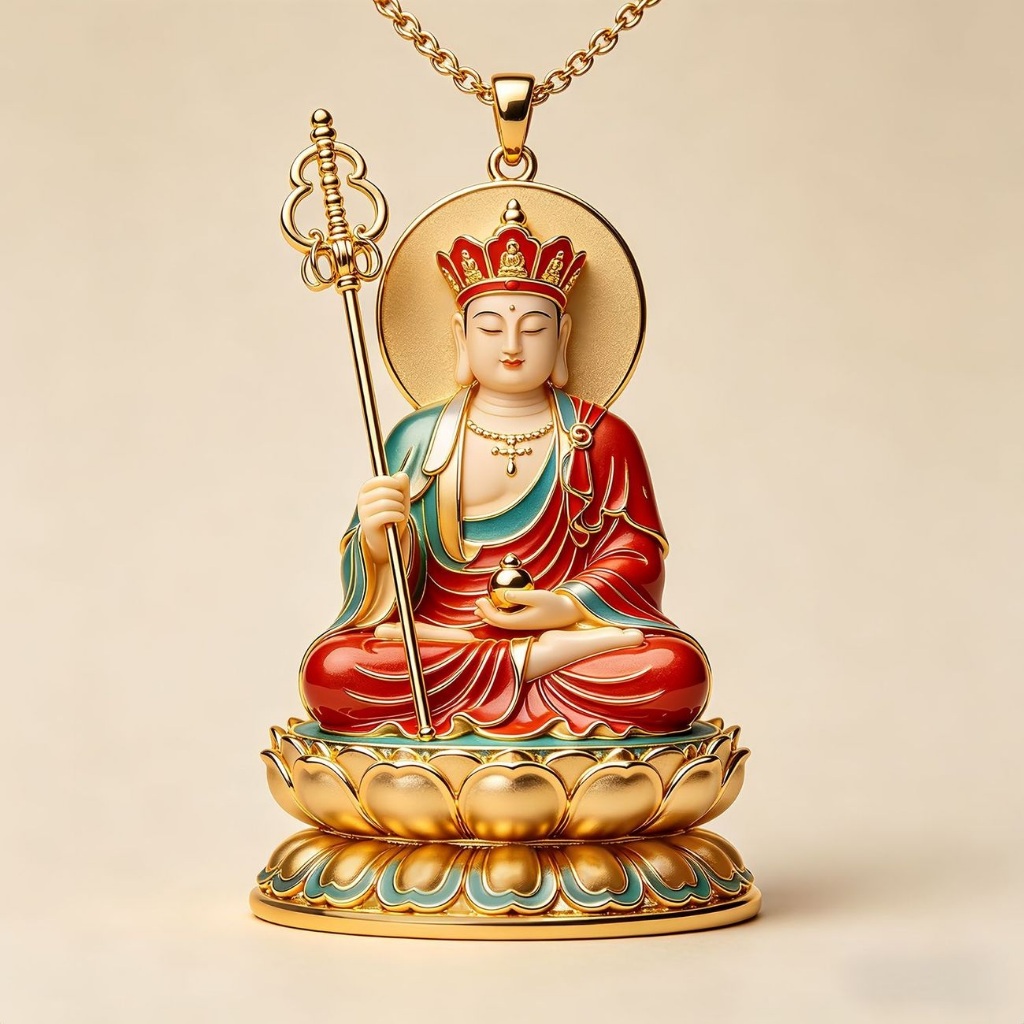 Jizo Kingพระโพธิสัตว์สร้อยคอโลหะที่นั่งดอกบัวสีทอง VD119