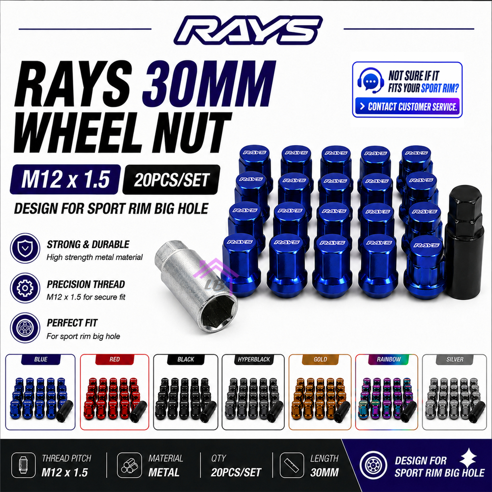 30 มม.RAYS ล็อคอ่อนนุช M12X1.5 Rays ล้อน็อต Rays Tyre Nut Rays Racing Nut Rays น็อตเหล็กล้อ Lug Nut 
