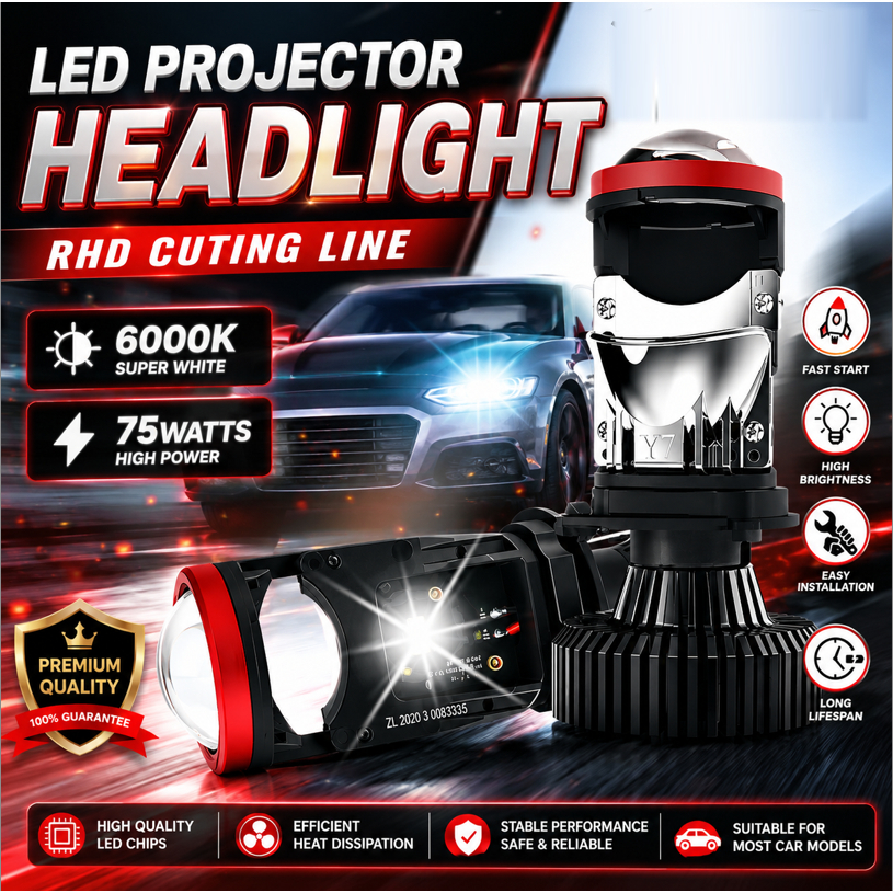 Y7D H4 LED RHD รถ H4 โปรเจคเตอร์ไฟหน้ารถ 75W 6000K H4 LED ไฟหน้าโปรเจคเตอร์รถหลอดไฟ LED Lampu Kereta