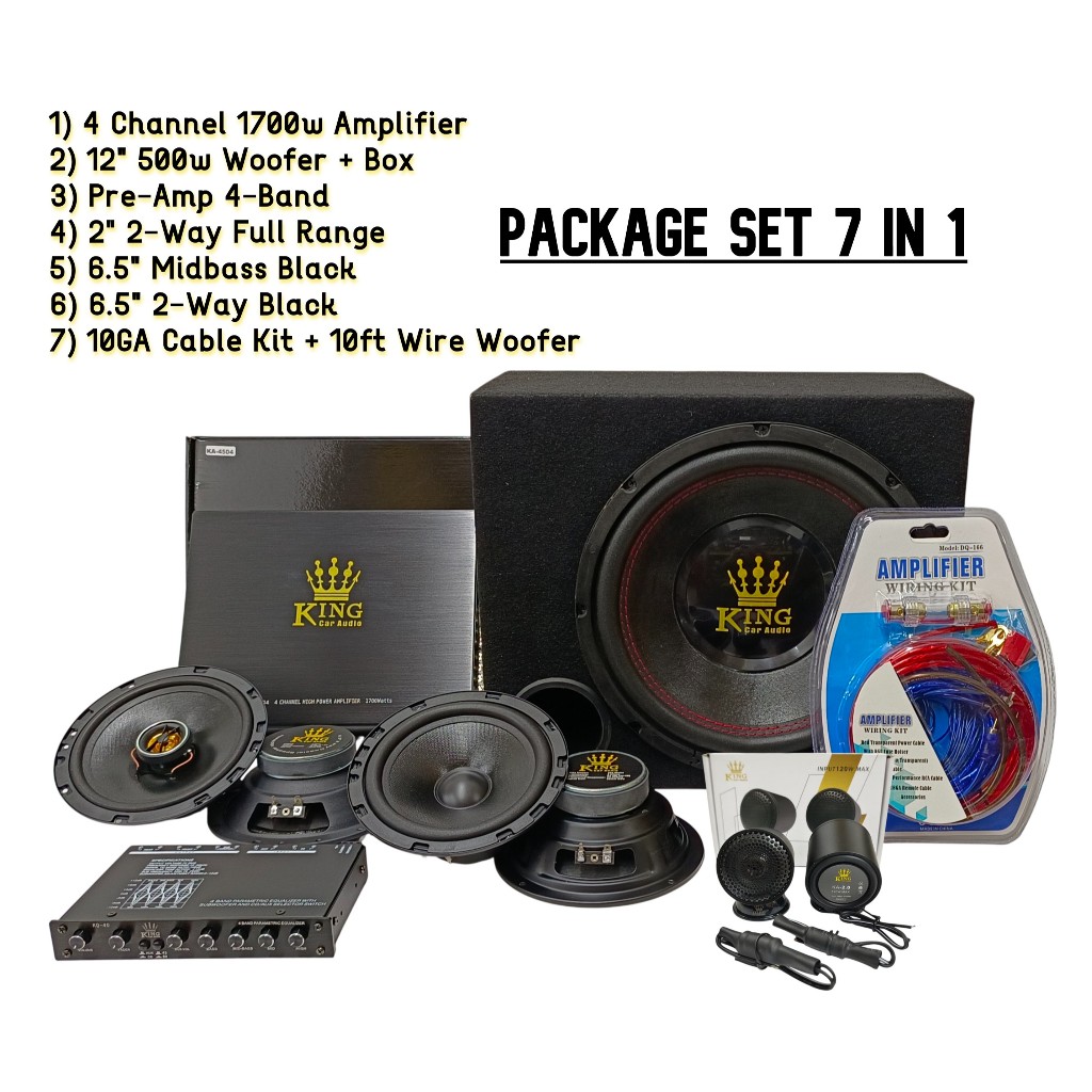 7 IN 1 PACKAGE KING 500W / 400W Woofer, 4 Channel Amplifier, Pre-Amp EQ, 12 "วูฟเฟอร์พร้อมกล่อง, 6.5