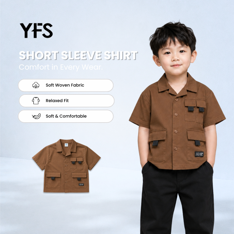 AD Kids Boys Utility Pocket Short Sleeve Shirt Oversize Cargo Camp Collar Top