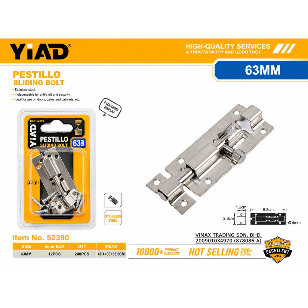 YIAD - S/STEEL SLIDING BOLT - 2 1/2" / 3" / 5" ; S/STEEL ANTI-THEFT SLIding BOLT - 4" / 6"