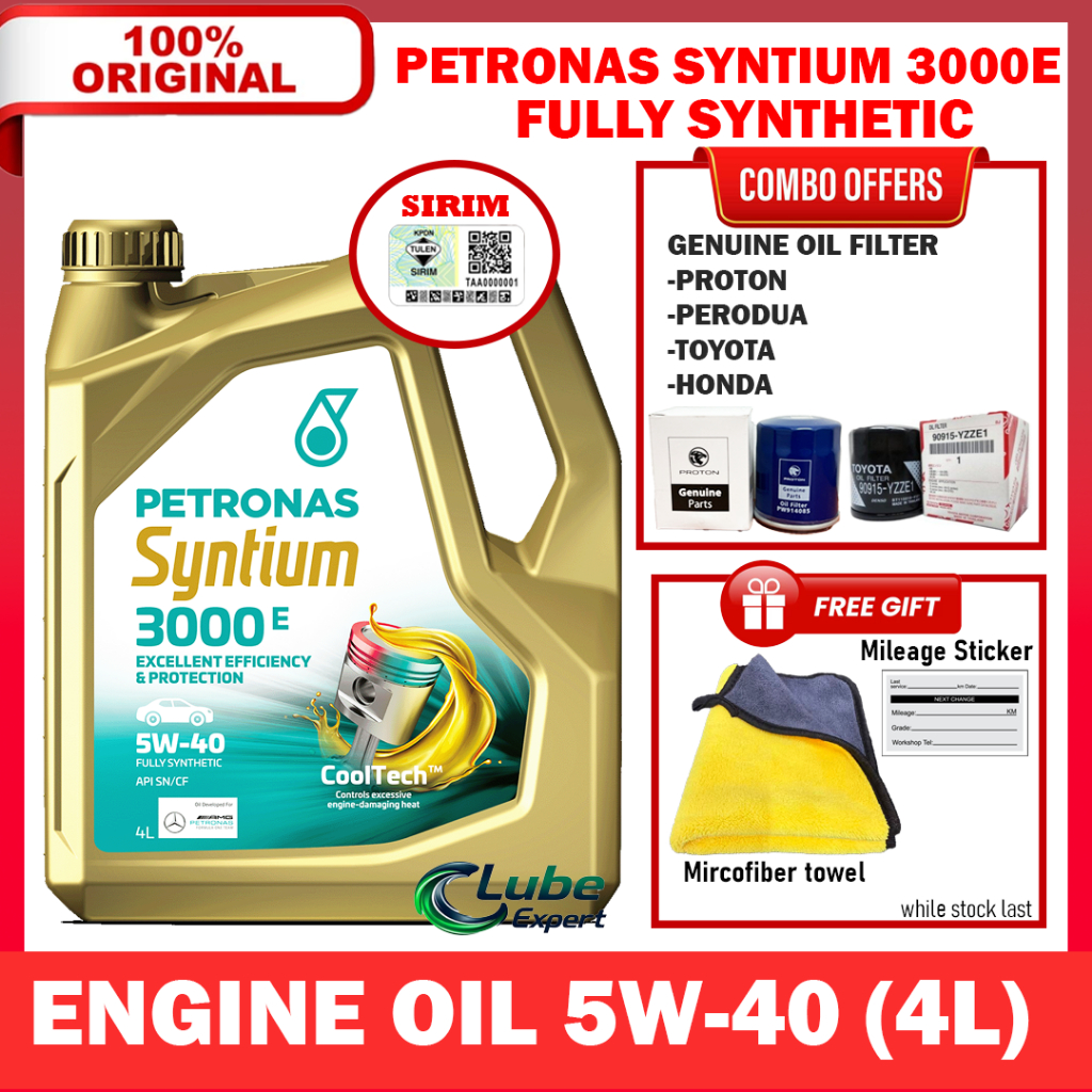 PETRONAS 5W40 5W-40 น้ํามันเครื่องสังเคราะห์แท้ SYNTIUM 3000 E 4L พร้อมกรองน้ํามัน PROTON TOYOTA PER