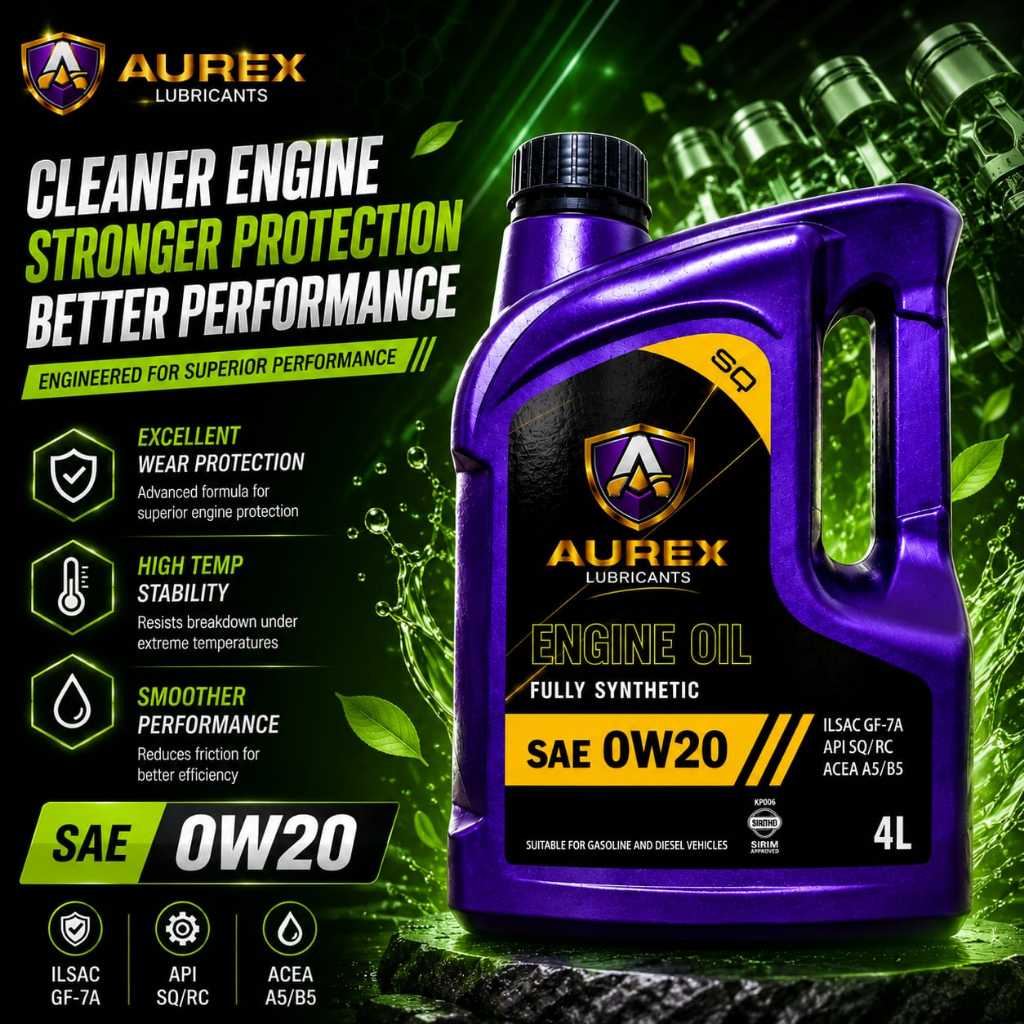 AUREX 0W20 (4 ลิตร) น้ํามันเครื่องสังเคราะห์แท้ API SQ GF-7A -Proton, Perodua, Honda, Nissan, Toyota