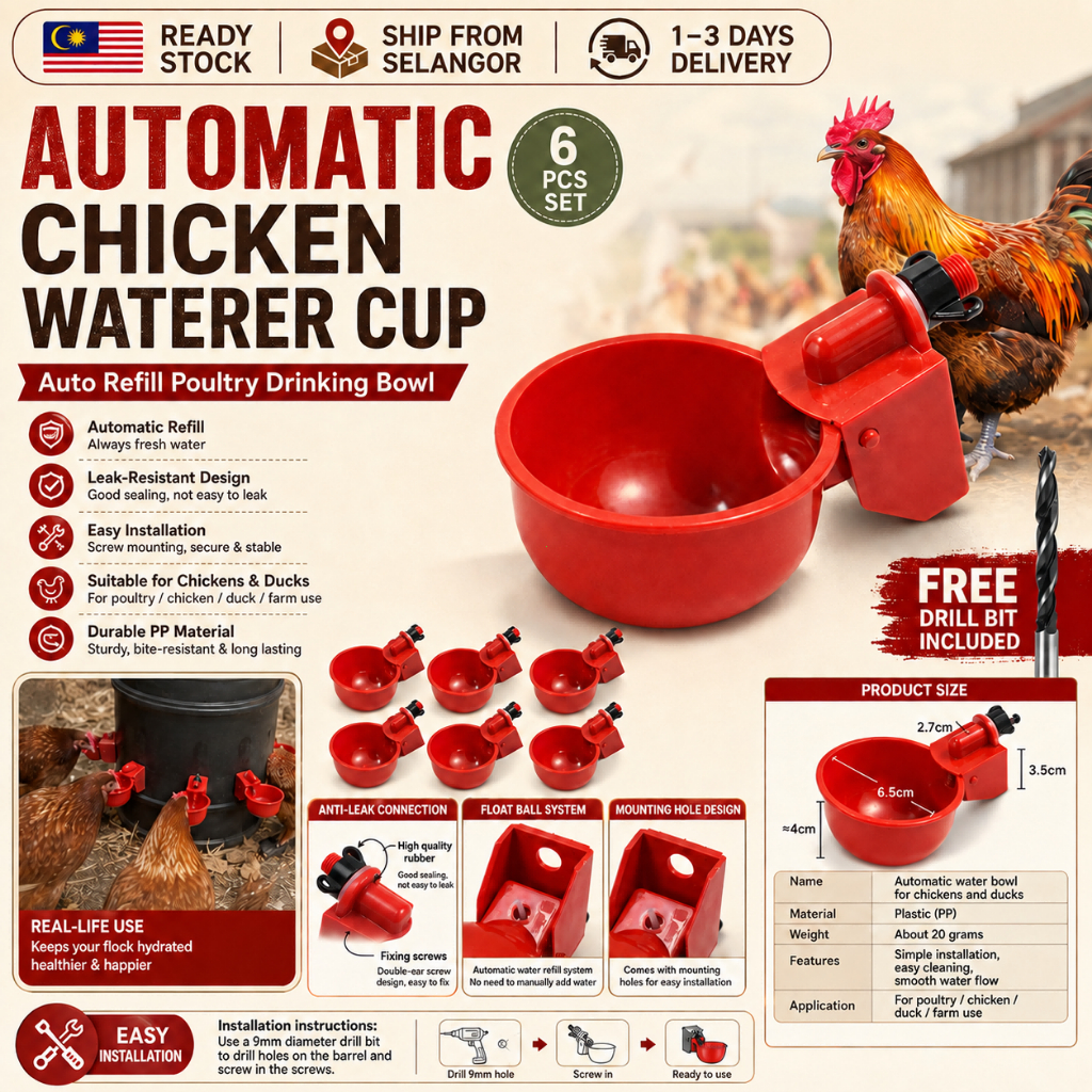 Bekas Air Ayam Automatic [ชุด 6 แพ็ค] ถ้วยรดน้ําสัตว์ปีกเติมอัตโนมัติชามดื่มสําหรับสัตว์ปีกเป็ด