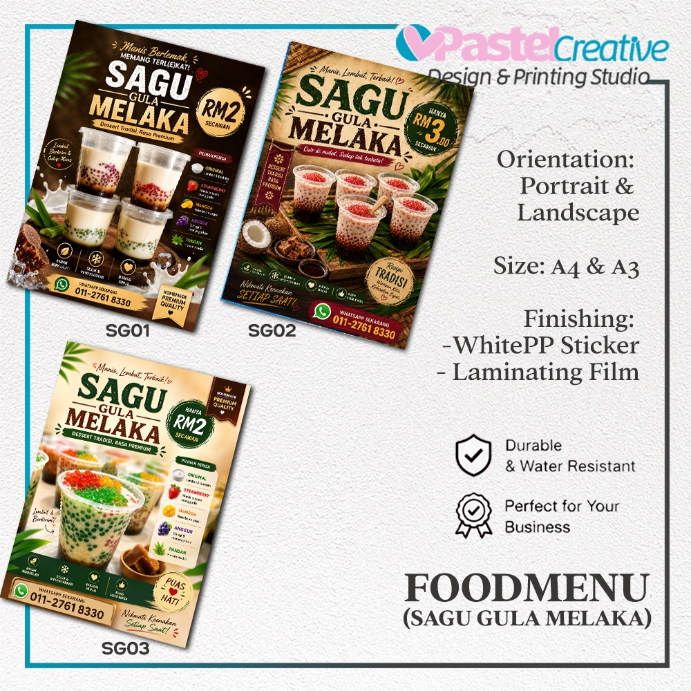 A4 Sagu Gula Melaka Menu สติ๊กเกอร์กันน้ําหรือการออกแบบที่กําหนดเองลามิเนต