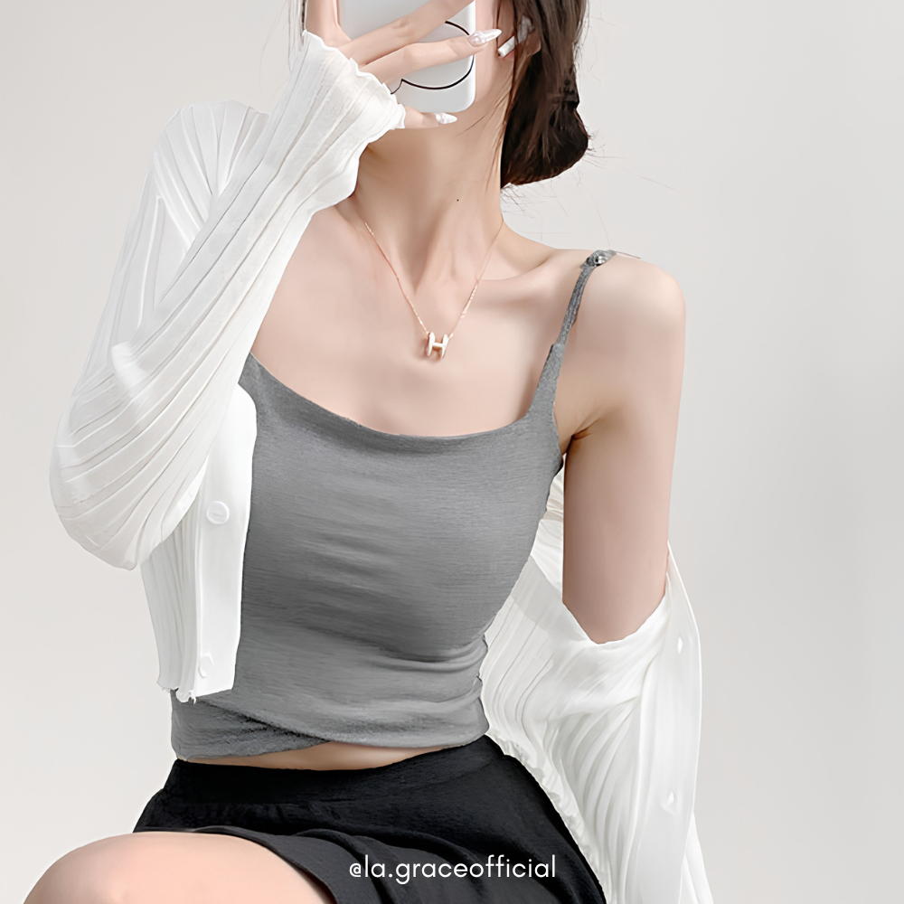 LA.GRACE OFFICIALGirl จีบ Camisole ผู้หญิงบางสายรัดไหล่ Camisole พร้อมหน้าอก Pad Tube Top เสื้อกล้าม