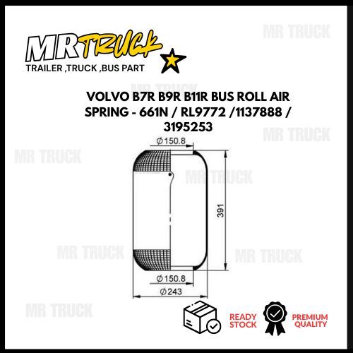 VOLVO B7R B9R B11R BUS ROLL AIR SPRING - 661N / RL9772 /1137888 / 3195253