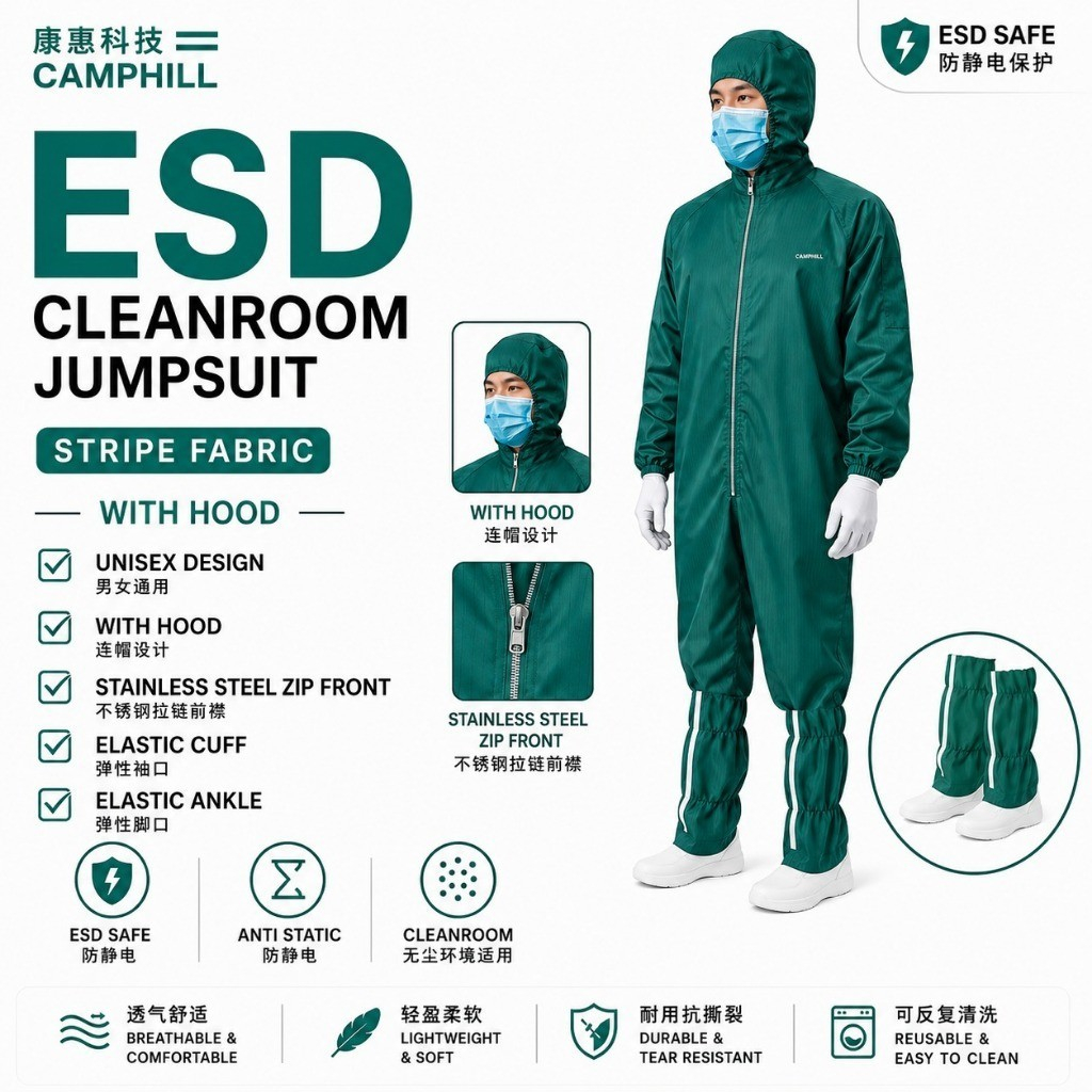 ESD Jumpsuit Headcover Cleanroom Workwear Lab เครื่องแบบรอบคอลายซิปประเภท Unisex รองเท้า Exclude สีเ