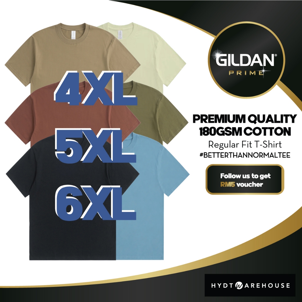 GILDAN PRIME x HYDT WAREHOUSE 4XL 5XL 6XL ผ้าฝ้ายพรีเมี่ยม 180gsm เสื้อยืด Unisex หวีผ้าฝ้าย Tshirt 