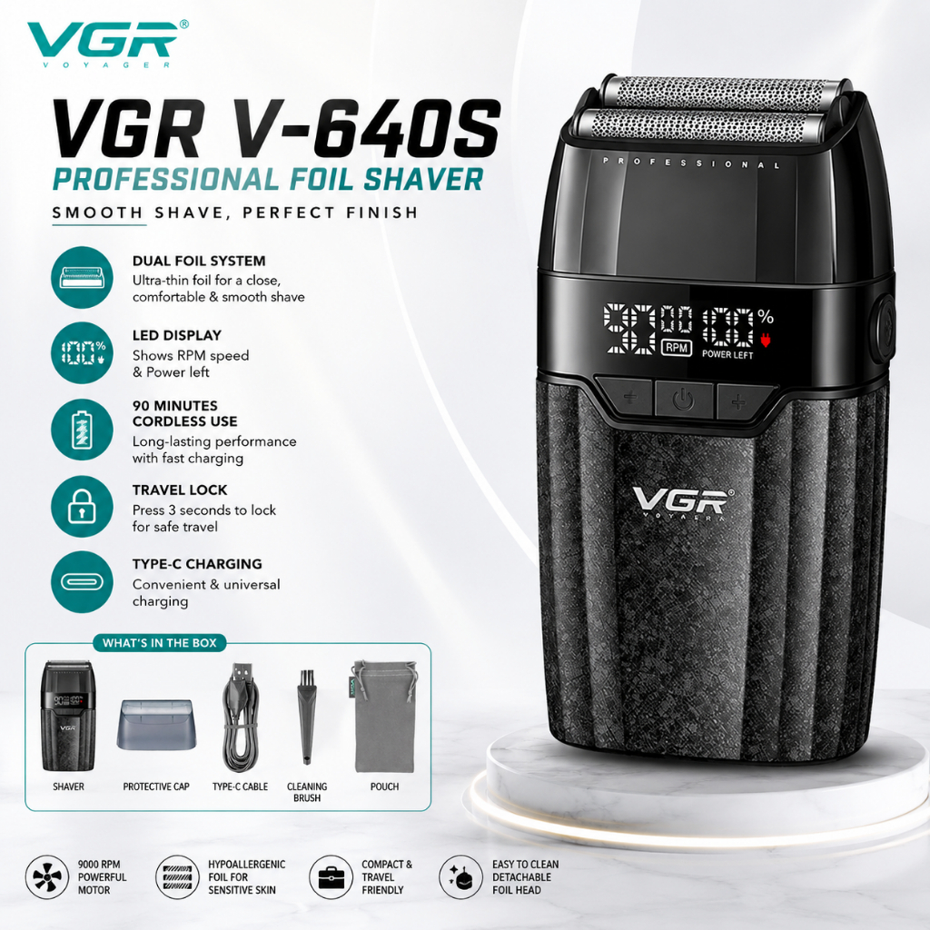 VGR V-640S Professional เครื่องโกนหนวดฟอยล์คู่ไทเทเนียมฟอยล์เครื่องโกนหนวดไฟฟ้า 9000RPM USB ชาร์จ 12