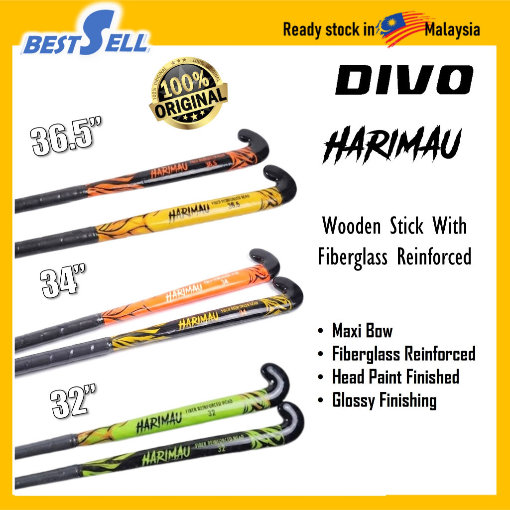 DIVO HOCKEY STICK พร้อมไฟเบอร์กลาสสีไม้ FINISHED JUNIOR & SENIOR